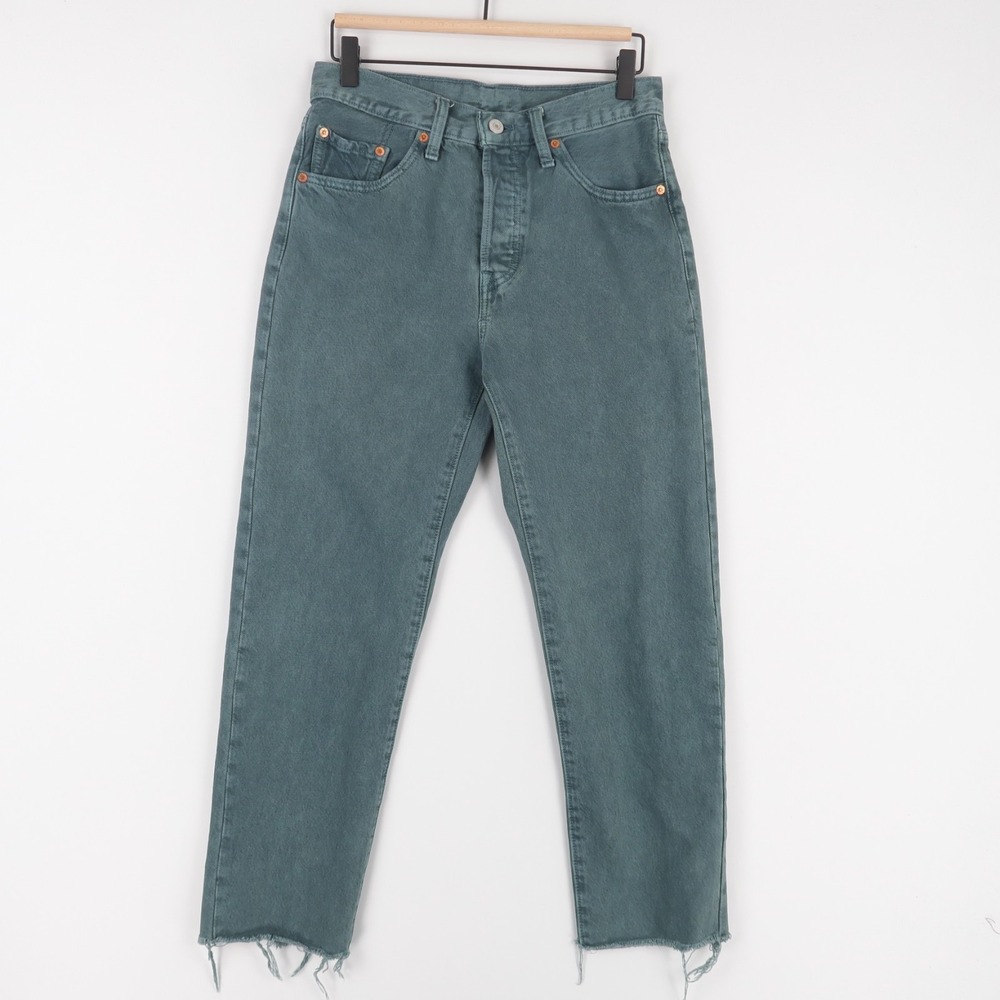 Levis 501 Original Crop Jeans Womens 28x28 Green High Rise‎ Button Fly Raw Hem